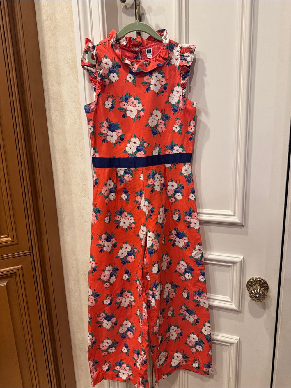 Janie and Jack Red Floral Ruffled Neck Jumpsuit with Navy Waistband